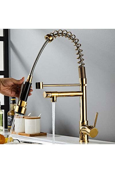 OEM Professional Kitchen Faucet, MZ-8003, Flexible Spout, Pull-out Spray, Single Lever, Stainless Steel, Gold