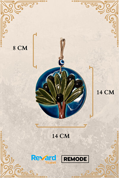 Revard Home Nazar Boncuklu Doğal Zeytin Ağaçlı Seramik El Yapımı Dekoratif Duvar Süsü Eşyası 14X14 CM