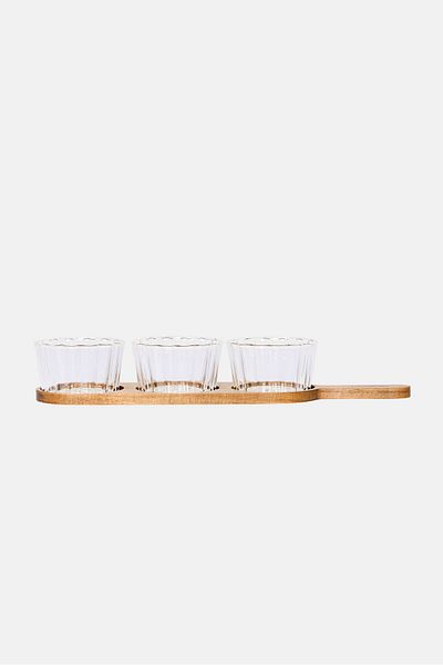 Catherine Malandrino 3 Piece Glass Snack Bowl Set With Acacia Tray, Transparent