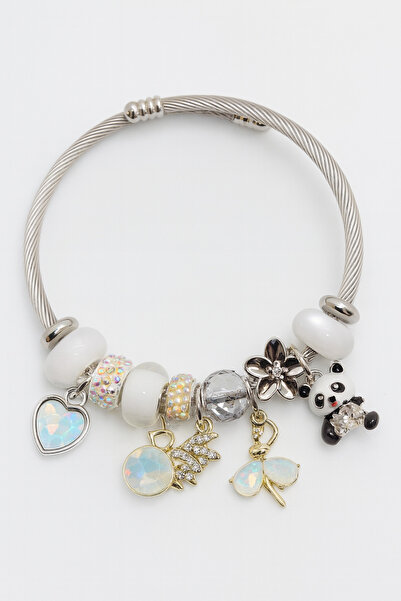 MakeWell سوار راقصة الباليه الباندا على شكل قلب من الفولاذ المقاوم للصدأ مع سحر