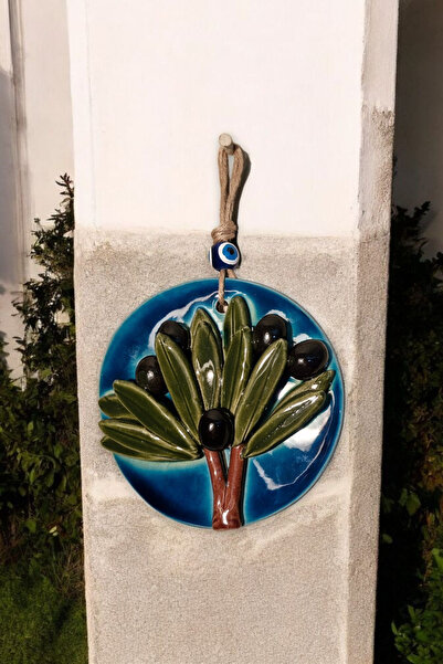Revard Home Nazar Boncuklu Doğal Zeytin Ağaçlı Seramik El Yapımı Dekoratif Duvar Süsü Eşyası 14X14 CM