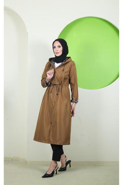 Vibeys Moda Large Size Women's Trench Coat with Leopard Pattern Inside and Self-Lining