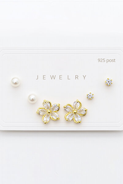 MakeWell 925S Silver Needle Flower Design Zircon Stone 3-Piece Earring Set