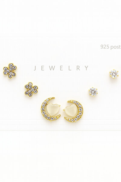 MakeWell 925S Silver Needle Crescent and Heart Design Zircon Stone 3-Piece Earring Set