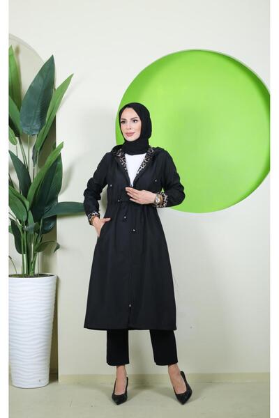 Vibeys Moda Large Size Women's Trench Coat with Leopard Pattern Inside and Self-Lining