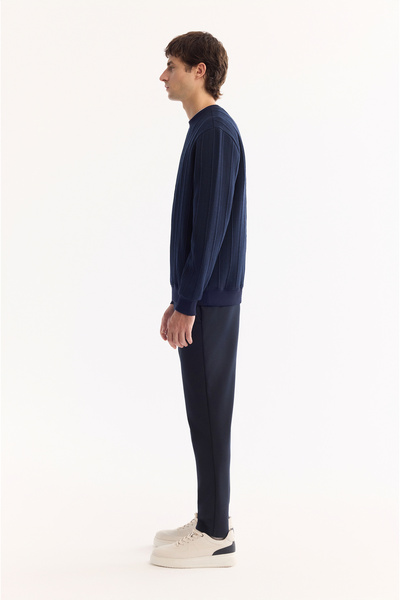 Avva Erkek Lacivert Bisiklet Yaka Çizgili Elastan Regular Fit Sweatshirt A52Y1218