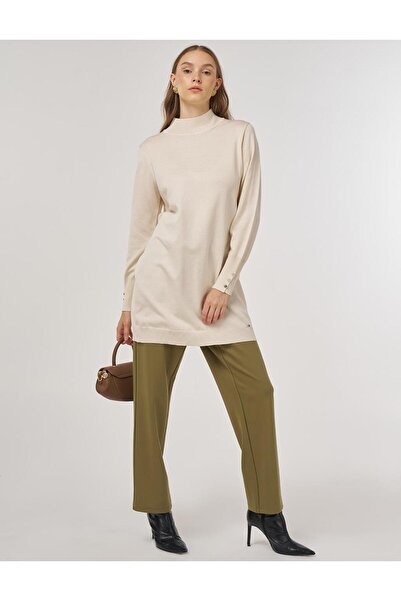 Kayra Turtleneck Basic Viscose Knitwear Tunic Cream