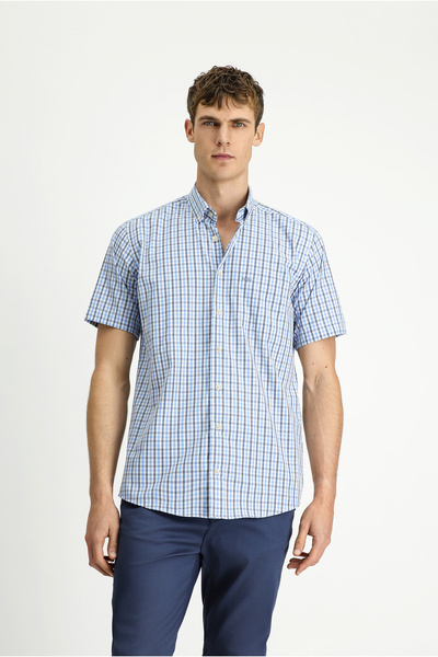Kiğılı Short Sleeve Regular Fit Plaid Button Collar Easy-Iron Cotton Shirt