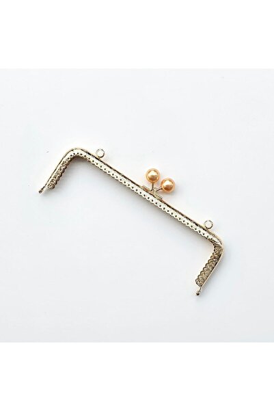 yumakça Köşeli Yavruağzı İnci Boncuklu İşleme Baskılı Askılıklı Çanta ve Cüzdan Bursu - Klipsi Altın 20 Cm