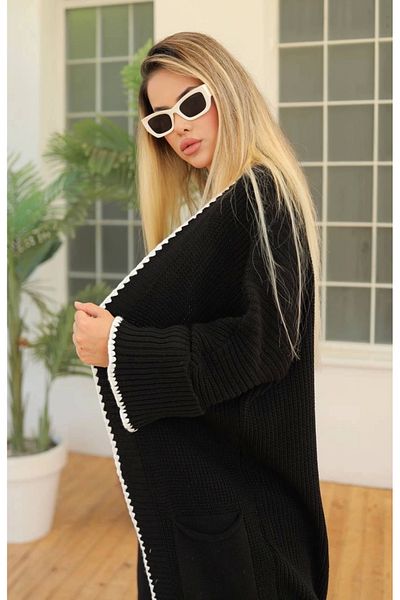 ufukmoda Long Cardigan Shepherd Stitching Black