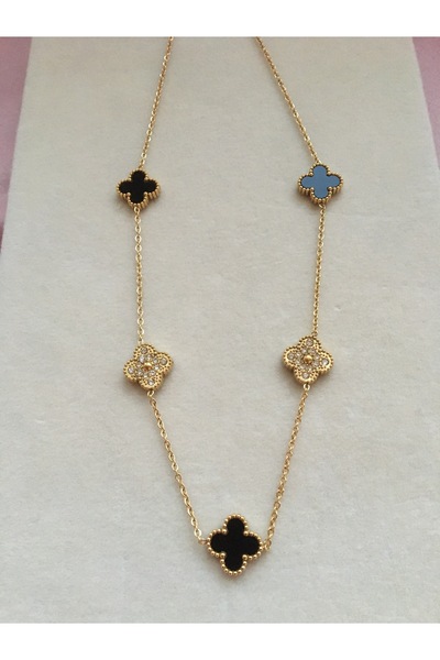 GUNESTAKI Gold Black Stone Clover Steel Necklace