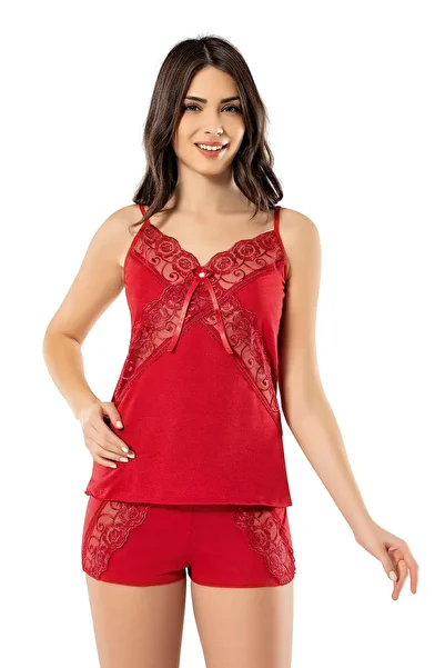 Queenchic Women's Lace Detailed Shorts Nightdress Set Red - Red - Bynvakoutaa63G39-Kir