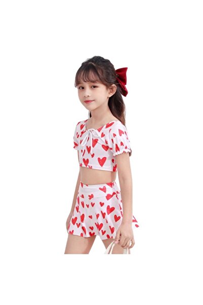 Mixbo Costum de Baie Mixbo, Doua Piese, Fusta-Pantalon si Tricou, Red Hearts, 9-10 ani