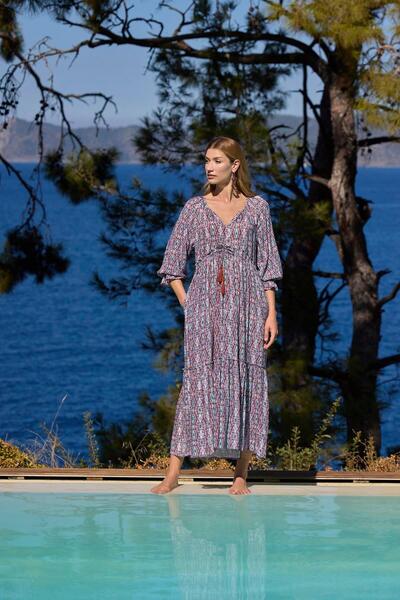 MONAMİSE Women's Ethnic Patterned Three Quarter Sleeve V Neck Dress 25023