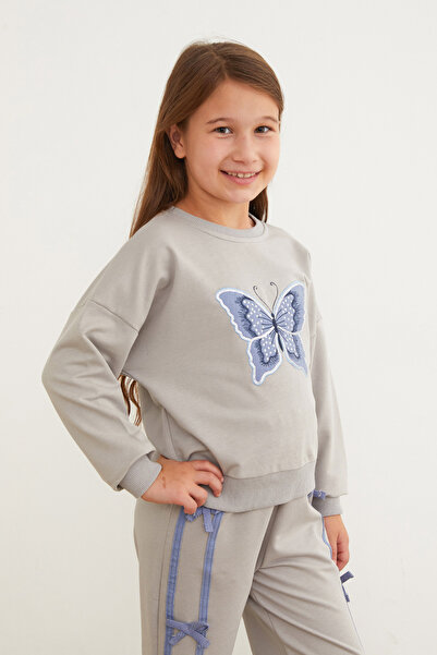 Fulla Moda Kelebek Nakışlı Kurdeleli Kız Çocuk Takım