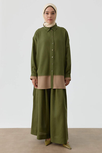 Tuğba Nakış Detaylı Kombinli Kısa Tunik - Haki