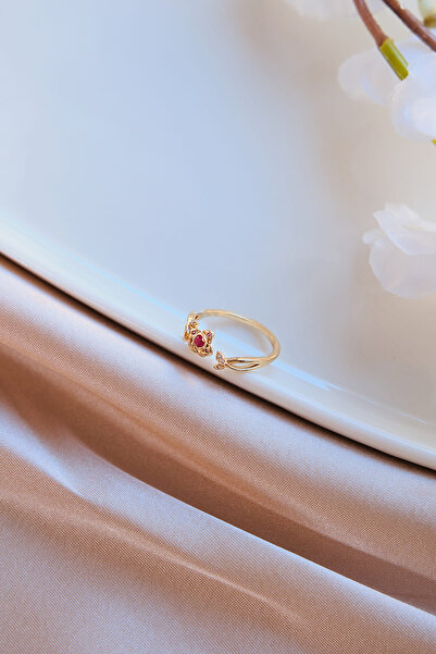 AURRARİ Gold Kırmızı Doğal Taşlı Çiçek Çelik Yüzük