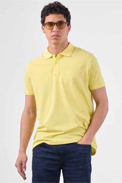 Dufy Sarı Polo Yaka Pamuklu Düz Renk Slim Fit Erkek T-shirt
