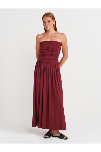 Dilvin 91496 Strapless Gathered Dress-Light Burgundy