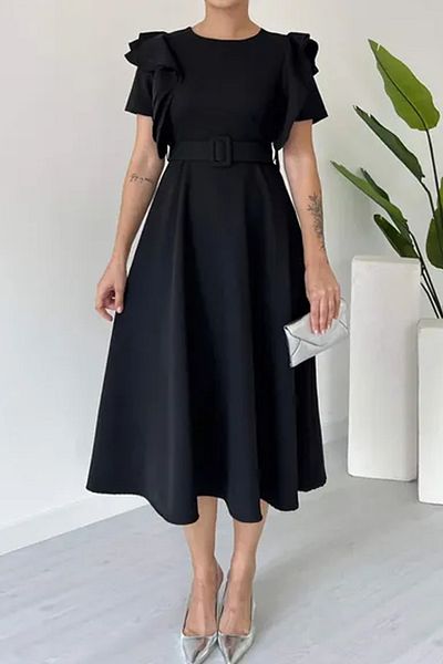 MILANOFOX Atlas Crepe A-Line Midi Length Dress with Shoulder Ruffle Detail and Belt