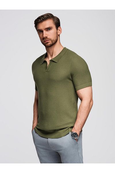 OMBRE Herren-Strick-Poloshirt ohne Knöpfe - oliv V1 OM-POSS-0157