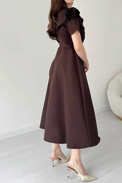 MILANOFOX Atlas Crepe A-Line Midi Length Dress with Shoulder Ruffle Detail and Belt