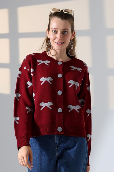 ALCHON Round Neck Long Sleeve Jacquard Panel Bow Tie Bow Pattern 5 Buttons Winter Knitwear Cardigan