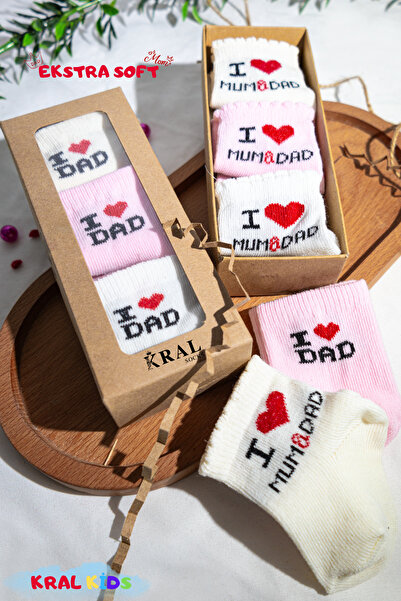 KRAL SOCKS 12 Pairs Baby Girl Socks Boxed Booties Size – I Love Mom Dad Patterned, Cotton