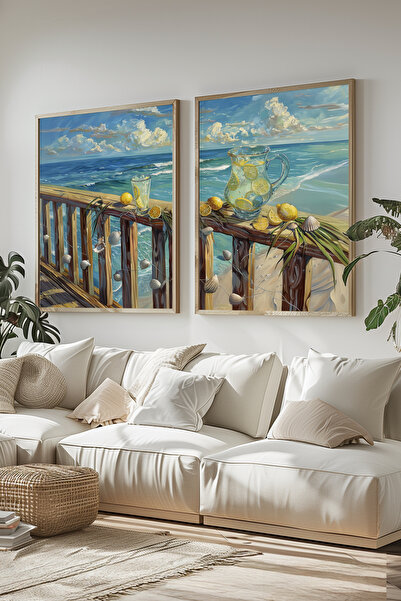 STARYUNA Ahşap Çerçeveli Limonata ve Deniz Kabuklu Yaz Manzaralı Yağlıboya Ef...