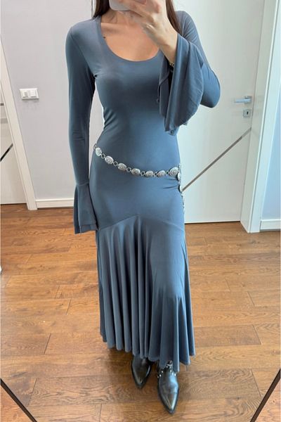 ForOus Women's Anthracite Long Flange Sleeve Skirt Pleated Maxi Dress