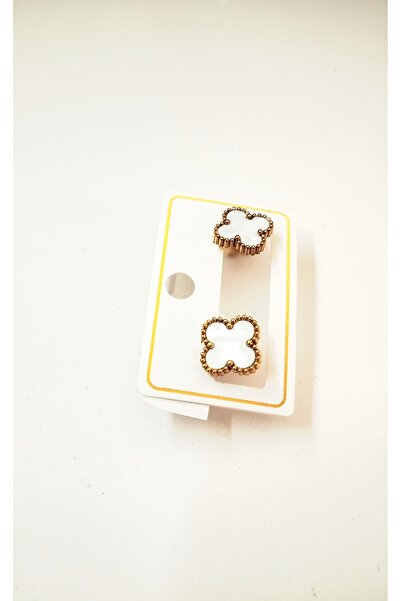 EKE BUTİK Steel Clover White Gold Color Earrings Studded