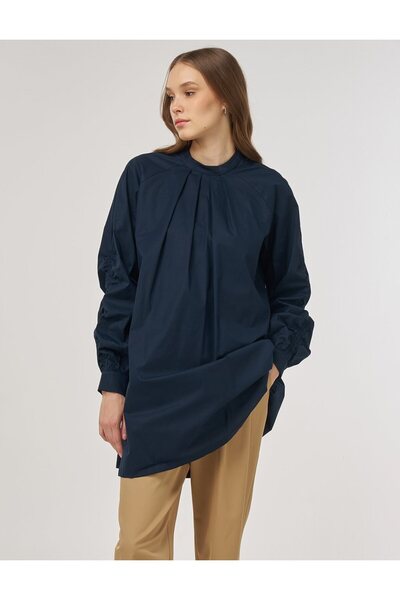 Kayra Pile Detailed Cotton Tunic Dark Navy Blue