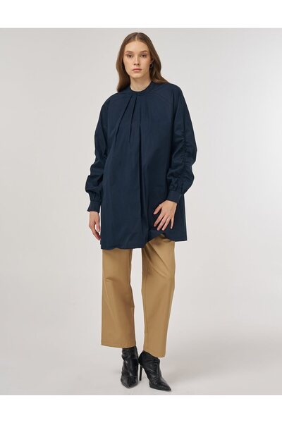 Kayra Pile Detailed Cotton Tunic Dark Navy Blue
