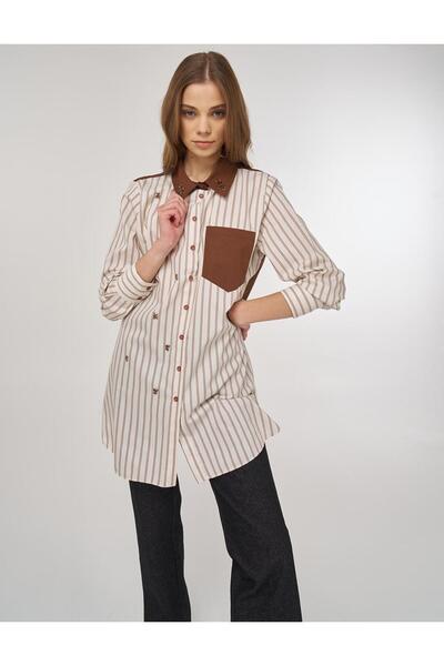 Kayra Collar Stone Embroidered Cotton Tunic Brown