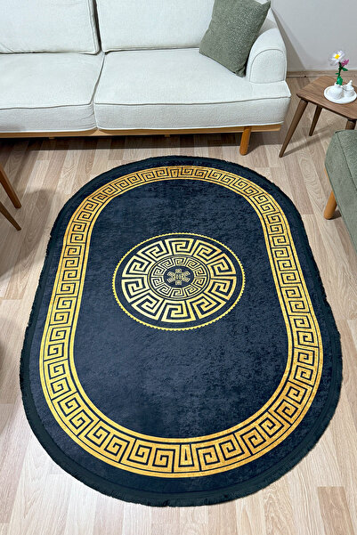 Charmbi Gold Greek Desenli Oval Siyah Saçaklı Makinede Yıkanabilir Salon Halı...
