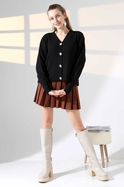 ALCHON V-Neck Long Sleeve Textured Patterned 4 Button Stylish Knitwear Cardigan