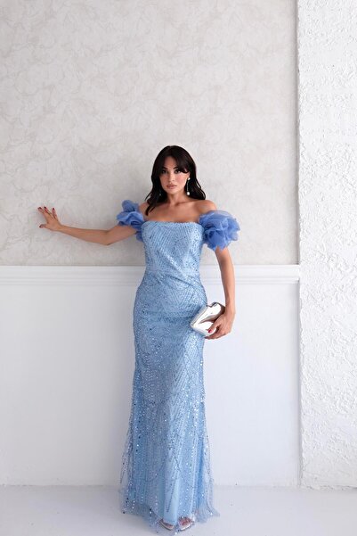 Serica Moda Baby Blue Balloon Sleeve Detailed Sequin Embroidered Strapless Evening Dress