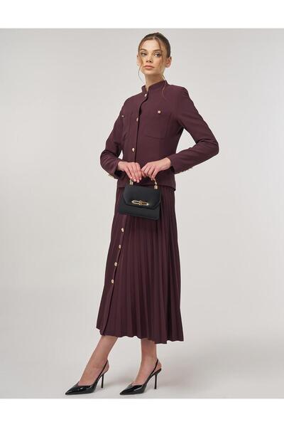 Kayra Gold Buttoned Skirt Suit Dark Burgundy