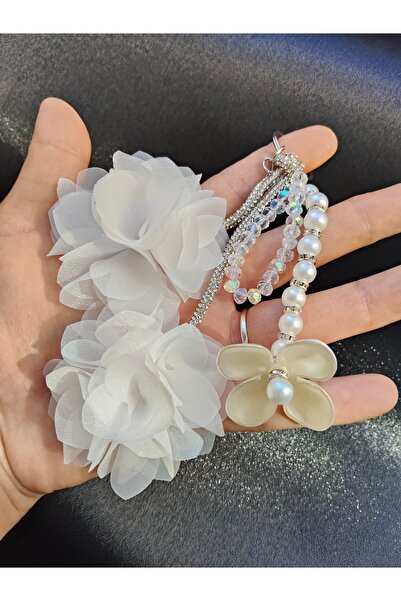 lemidor White Floral Pearl and Crystal Charm Keychain – Women's Bag Ornament & Gift