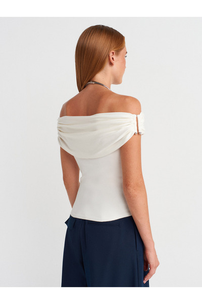 Dilvin 10797 Bardot Collar Metal Detailed Knitwear Blouse-Ecru