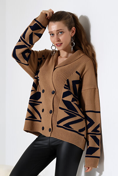 ALCHON V Fold Collar Long Sleeve Jacquard Panel 6 Buttons Winter Stylish Thick Knitwear Sweater