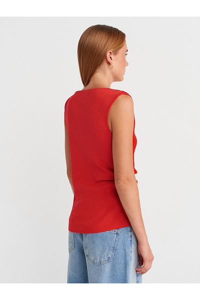 Dilvin 10778 Boat Neck Draped Slim Knitwear Blouse-Red