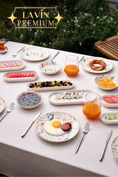 YzHome 14 Piece Porcelain Breakfast Set for 6 People Breakfast Presentation Set Plate Plate