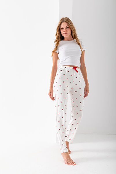 GİYSA Pantaloni de pijama cu model pentru femei cu talie elastică Inimă albă - 2059