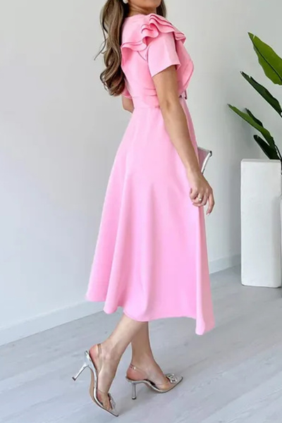 MILANOFOX Atlas Crepe A-Line Midi Length Dress with Shoulder Ruffle Detail and Belt