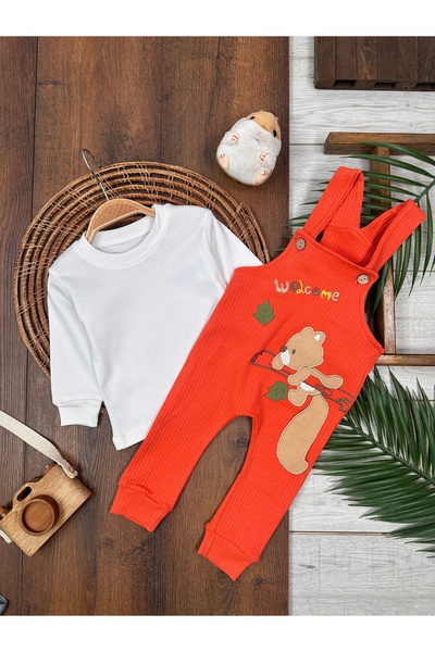 Kids Kingdom Cotton Squirrel Patterned Suspender 2-Piece Baby Girl Set