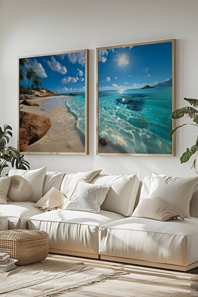 STARYUNA Set de pictură dublă cu cadru din lemn, cu vedere la insulă tropical...