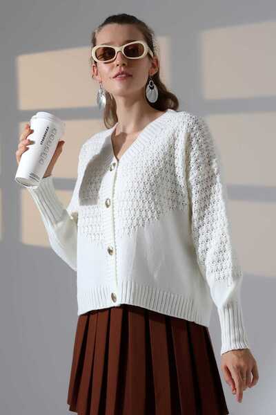 ALCHON V-Neck Long Sleeve Textured Patterned 4 Button Stylish Knitwear Cardigan