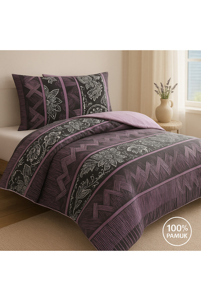 Evimcim 100% Cotton Single Quilted Duvet Cover Set Purple Black Patterned Luxury Box