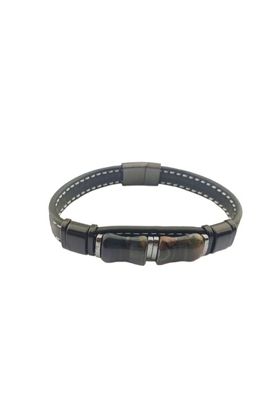 PİGADO 316L Stainless Steel Natural Stone Leather Men's Bracelet